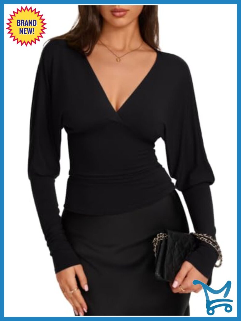 Womens Deep V Neck Batwing Sleeve Cinched Waist Top